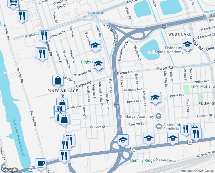 map of restaurants, bars, coffee shops, grocery stores, and more near 4849 Lynhuber Drive in New Orleans