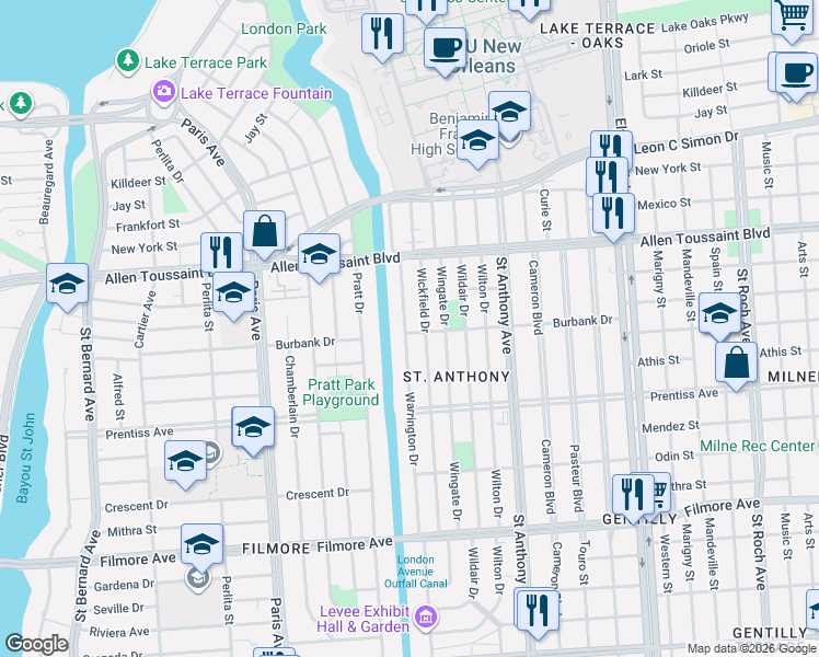 map of restaurants, bars, coffee shops, grocery stores, and more near 6016 Wickfield Drive in New Orleans