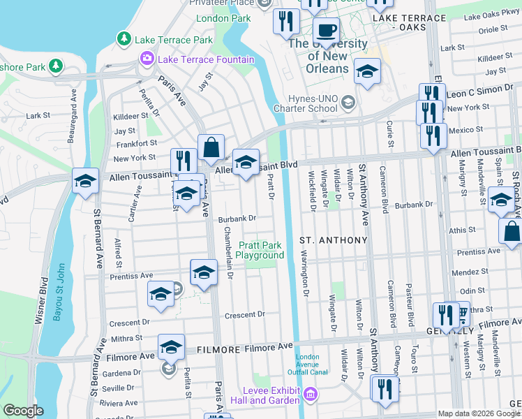 map of restaurants, bars, coffee shops, grocery stores, and more near 6035 Charlotte Drive in New Orleans