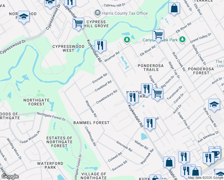 map of restaurants, bars, coffee shops, grocery stores, and more near 2307 Creekleaf Road in Houston