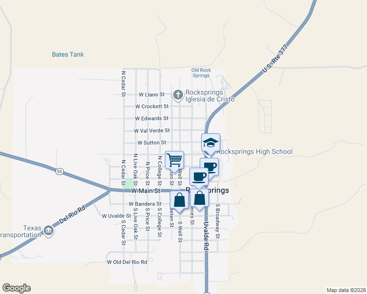 map of restaurants, bars, coffee shops, grocery stores, and more near 411 North Well Street in Rocksprings