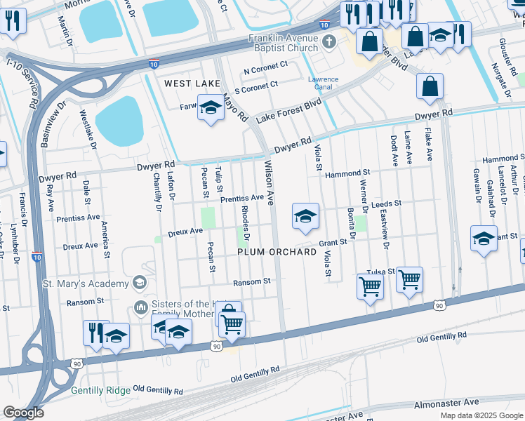 map of restaurants, bars, coffee shops, grocery stores, and more near 4755 Rosemont Place in New Orleans