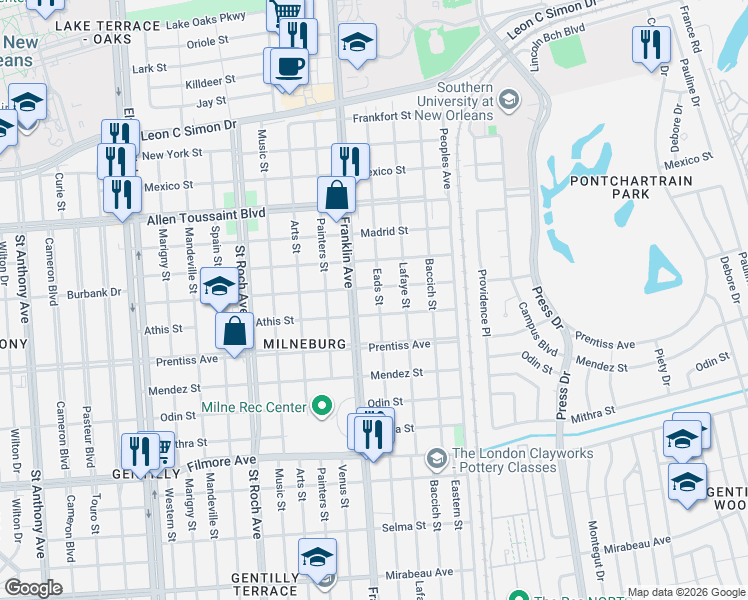 map of restaurants, bars, coffee shops, grocery stores, and more near 2619 Pressburg Street in New Orleans