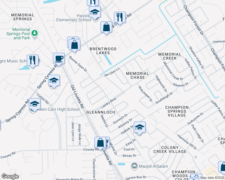map of restaurants, bars, coffee shops, grocery stores, and more near 17303 Chaseloch Street in Spring