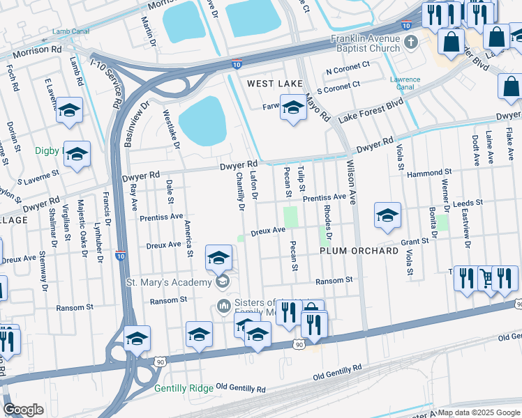 map of restaurants, bars, coffee shops, grocery stores, and more near 4849 Lafon Drive in New Orleans