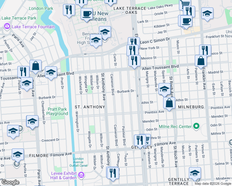 map of restaurants, bars, coffee shops, grocery stores, and more near 6006 Cameron Boulevard in New Orleans