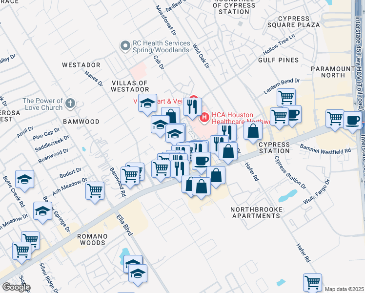 map of restaurants, bars, coffee shops, grocery stores, and more near in Houston