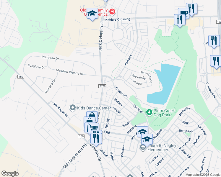 map of restaurants, bars, coffee shops, grocery stores, and more near 130B Utterback in Kyle