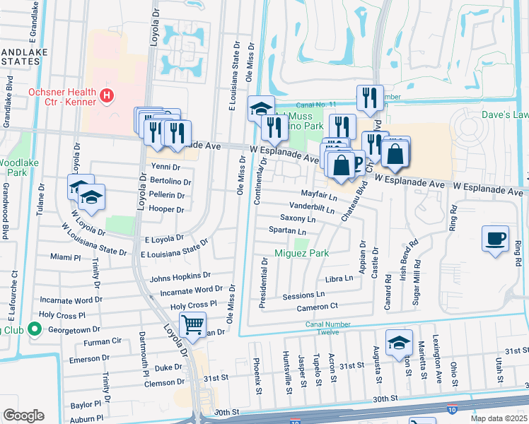 map of restaurants, bars, coffee shops, grocery stores, and more near 601 Vanderbilt Lane in Kenner