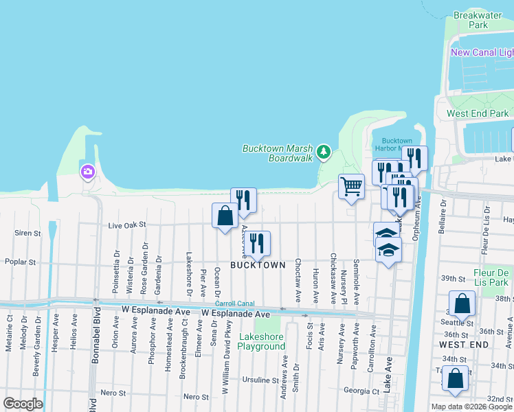 map of restaurants, bars, coffee shops, grocery stores, and more near 1528 Cherokee Avenue in Metairie