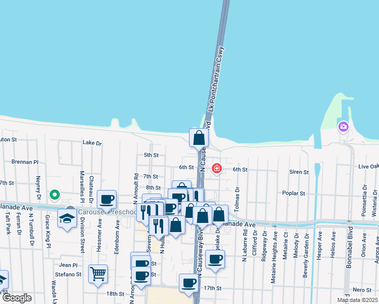 map of restaurants, bars, coffee shops, grocery stores, and more near 3900 North Causeway Boulevard in Metairie