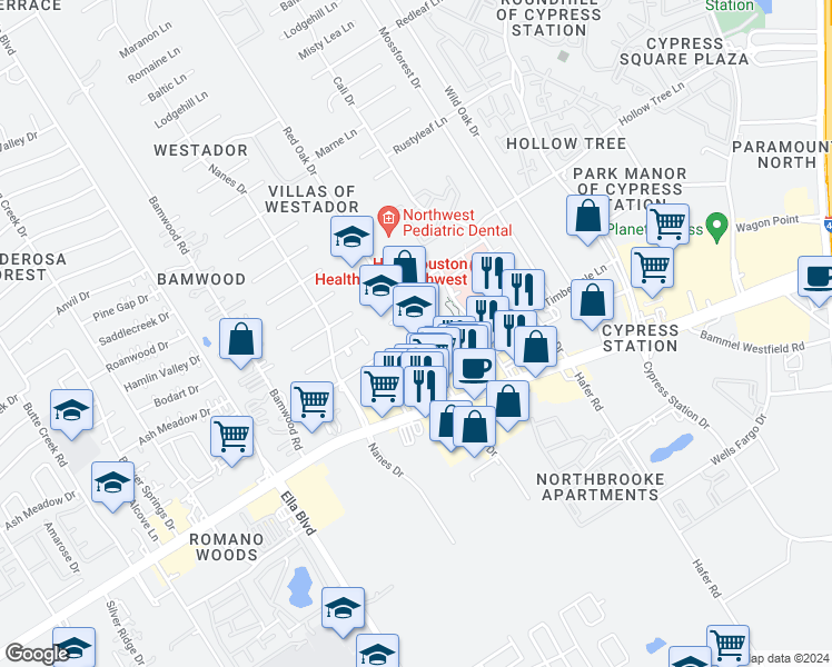 map of restaurants, bars, coffee shops, grocery stores, and more near 17100 Red Oak Drive in Houston