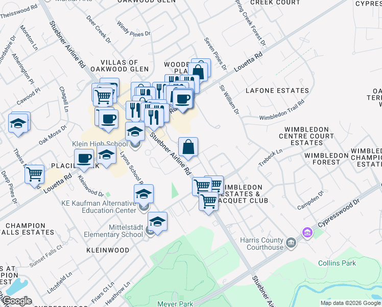 map of restaurants, bars, coffee shops, grocery stores, and more near 7122 Worcester Drive in Spring