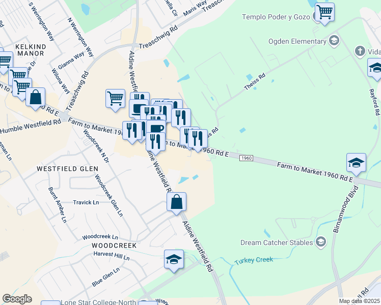 map of restaurants, bars, coffee shops, grocery stores, and more near 3140 Farm to Market 1960 in Humble