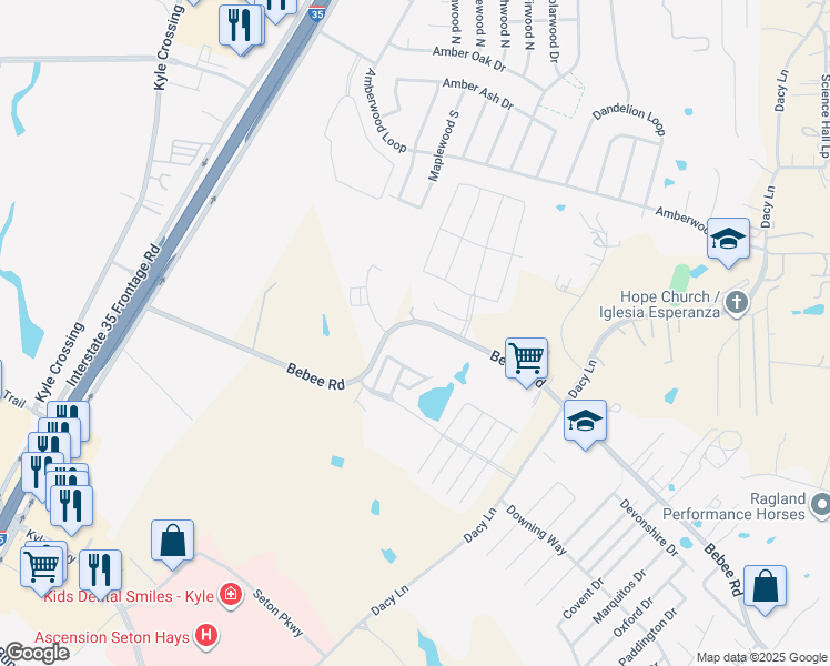 map of restaurants, bars, coffee shops, grocery stores, and more near 828 Bebee Road in Kyle