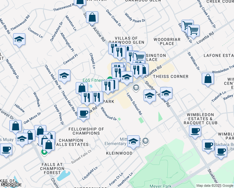 map of restaurants, bars, coffee shops, grocery stores, and more near Louetta Road in Spring
