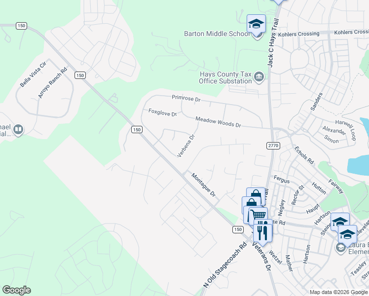 map of restaurants, bars, coffee shops, grocery stores, and more near 322 Verbena Dr in Kyle