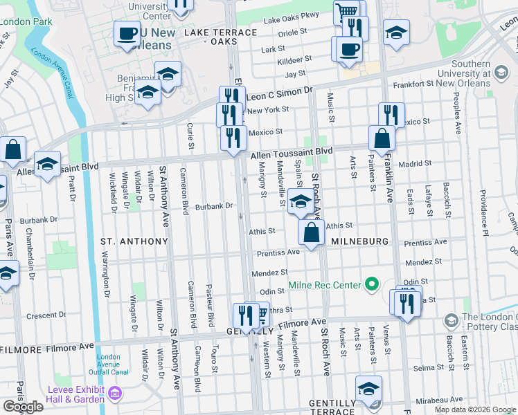 map of restaurants, bars, coffee shops, grocery stores, and more near 5922 Marigny Street in New Orleans