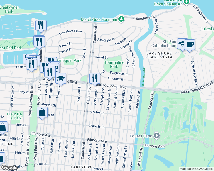 map of restaurants, bars, coffee shops, grocery stores, and more near 811 Robert E Lee Boulevard in New Orleans