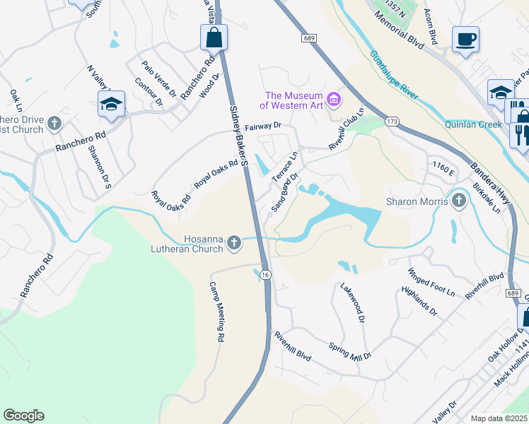 map of restaurants, bars, coffee shops, grocery stores, and more near 531 Sand Bend Drive in Kerrville