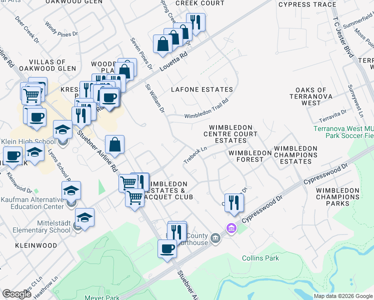 map of restaurants, bars, coffee shops, grocery stores, and more near 6703 Wimbledon Estates Drive in Spring