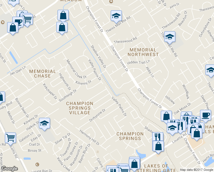 map of restaurants, bars, coffee shops, grocery stores, and more near 17426 Valley Palms Drive in Spring