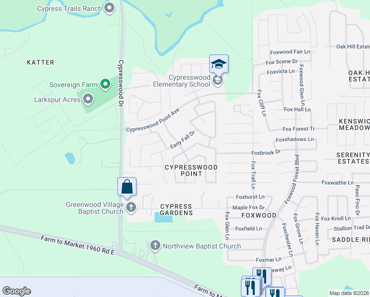 map of restaurants, bars, coffee shops, grocery stores, and more near 20715 Dappled Ridge Way in Humble
