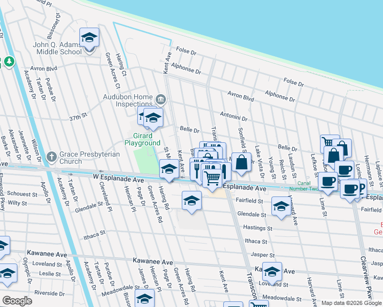 map of restaurants, bars, coffee shops, grocery stores, and more near 4505 Barnett Street in Metairie