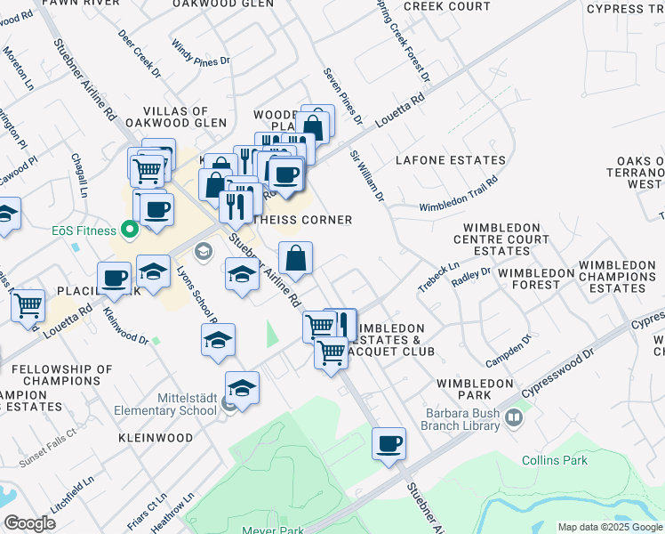 map of restaurants, bars, coffee shops, grocery stores, and more near 6923 Worcester Dr in Spring