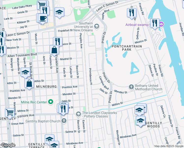 map of restaurants, bars, coffee shops, grocery stores, and more near 5825 Providence Place in New Orleans