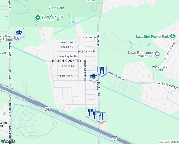 map of restaurants, bars, coffee shops, grocery stores, and more near 24111 Kennedy Ranch Lane in Hockley