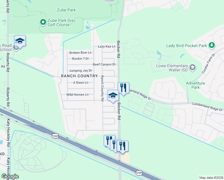 map of restaurants, bars, coffee shops, grocery stores, and more near 24111 Kennedy Ranch Lane in Hockley
