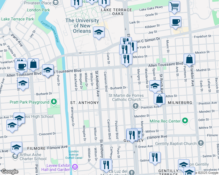 map of restaurants, bars, coffee shops, grocery stores, and more near 6006 Cameron Boulevard in New Orleans