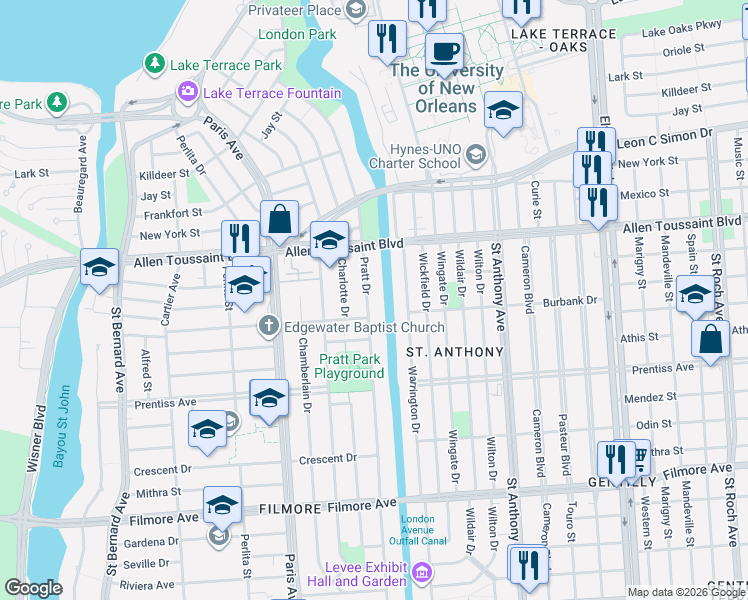 map of restaurants, bars, coffee shops, grocery stores, and more near 6016 Warrington Drive in New Orleans
