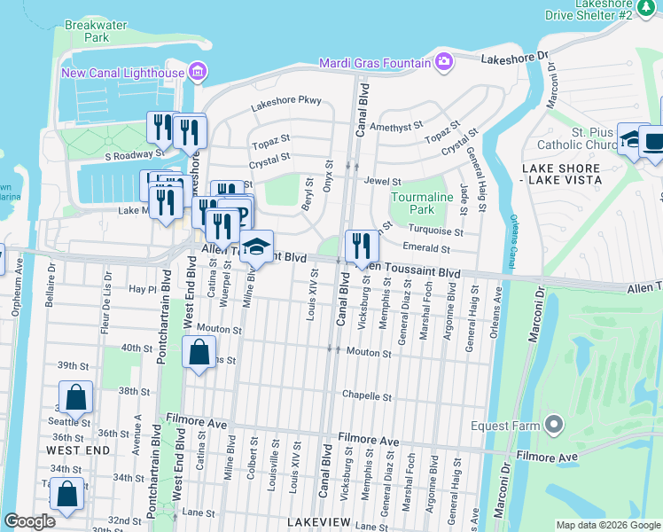 map of restaurants, bars, coffee shops, grocery stores, and more near 680 Allen Toussaint Boulevard in New Orleans
