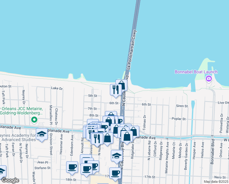 map of restaurants, bars, coffee shops, grocery stores, and more near 3900 North Causeway Boulevard in Metairie