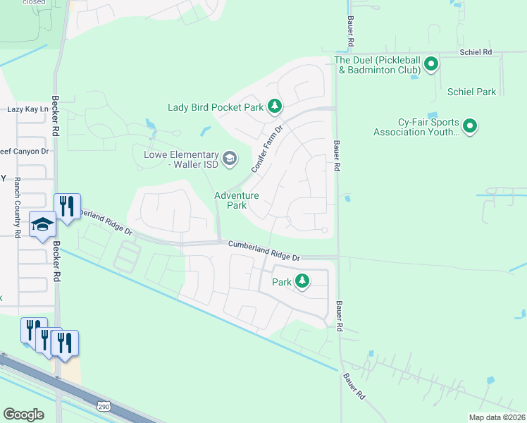 map of restaurants, bars, coffee shops, grocery stores, and more near 31403 Dell Valley Lane in Hockley