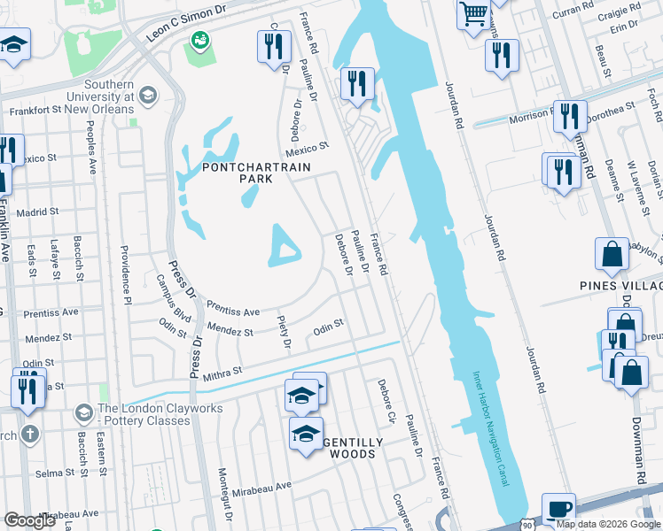 map of restaurants, bars, coffee shops, grocery stores, and more near 5651 Congress Drive in New Orleans
