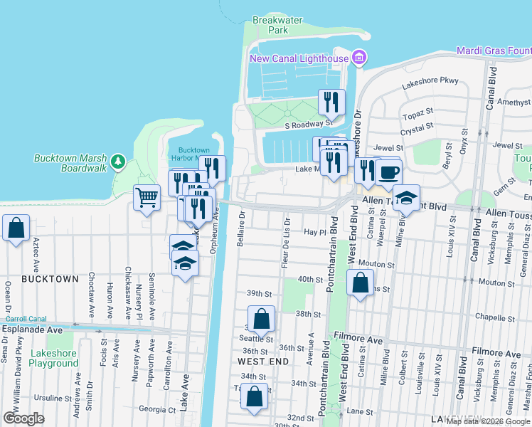 map of restaurants, bars, coffee shops, grocery stores, and more near 7041 Roy Street in New Orleans