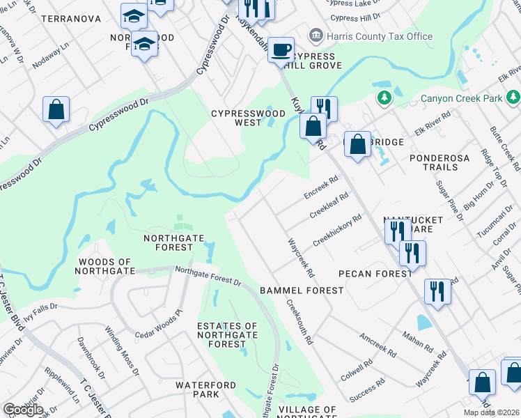 map of restaurants, bars, coffee shops, grocery stores, and more near 2610 Bycreek Drive in Houston