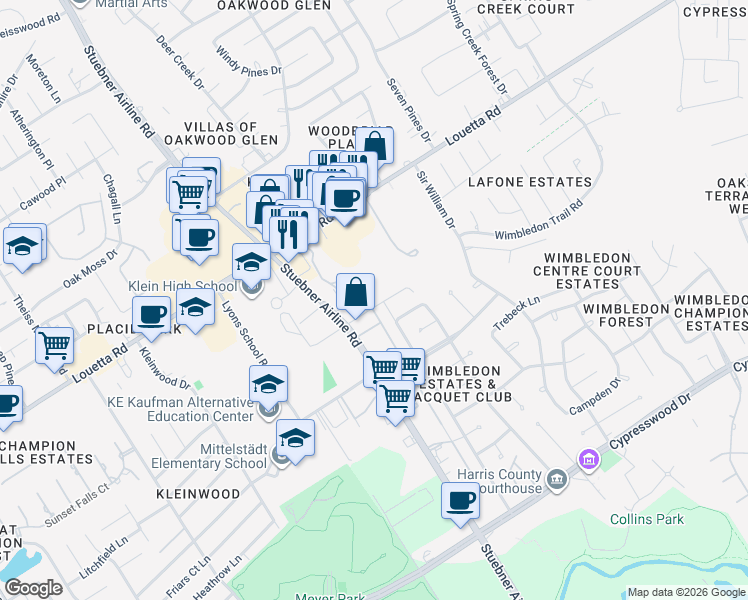 map of restaurants, bars, coffee shops, grocery stores, and more near 7122 Worcester Drive in Spring