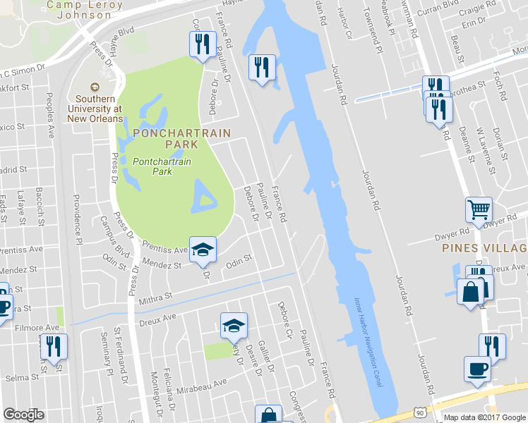 map of restaurants, bars, coffee shops, grocery stores, and more near 5638 Pauline Drive in New Orleans