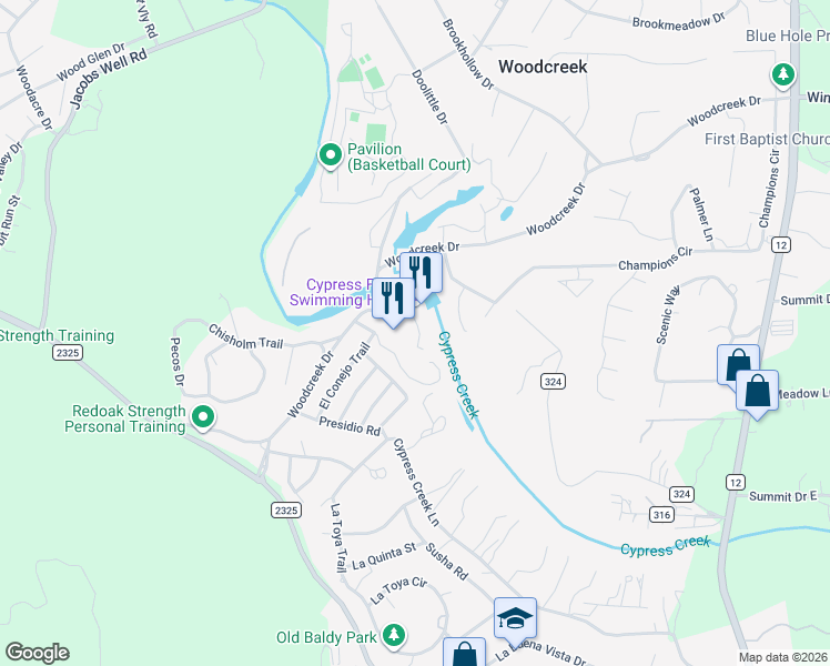 map of restaurants, bars, coffee shops, grocery stores, and more near 27 Marina Circle in Wimberley