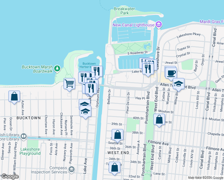 map of restaurants, bars, coffee shops, grocery stores, and more near 600 North O Hammond Highway in New Orleans