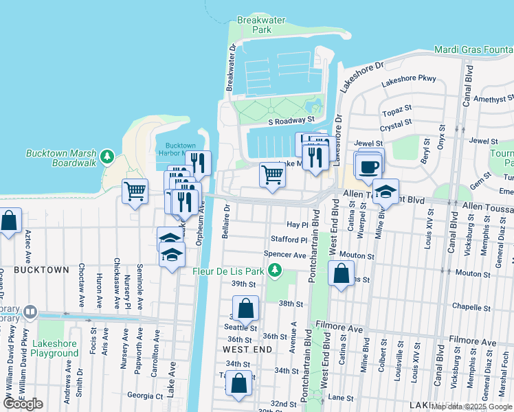 map of restaurants, bars, coffee shops, grocery stores, and more near 7041 Roy Street in New Orleans