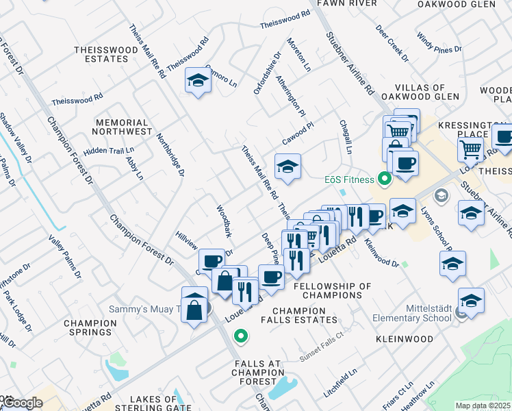 map of restaurants, bars, coffee shops, grocery stores, and more near 7931 Astley Lane in Spring