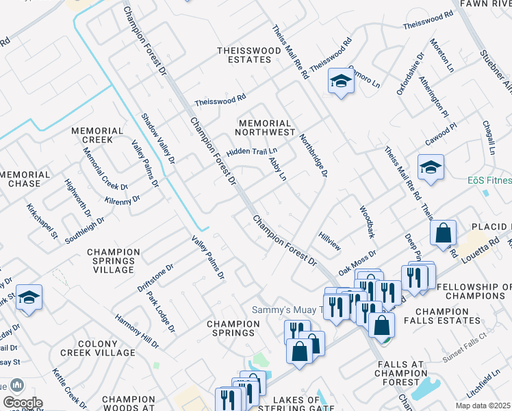 map of restaurants, bars, coffee shops, grocery stores, and more near 8234 Teakwood Forest Drive in Spring