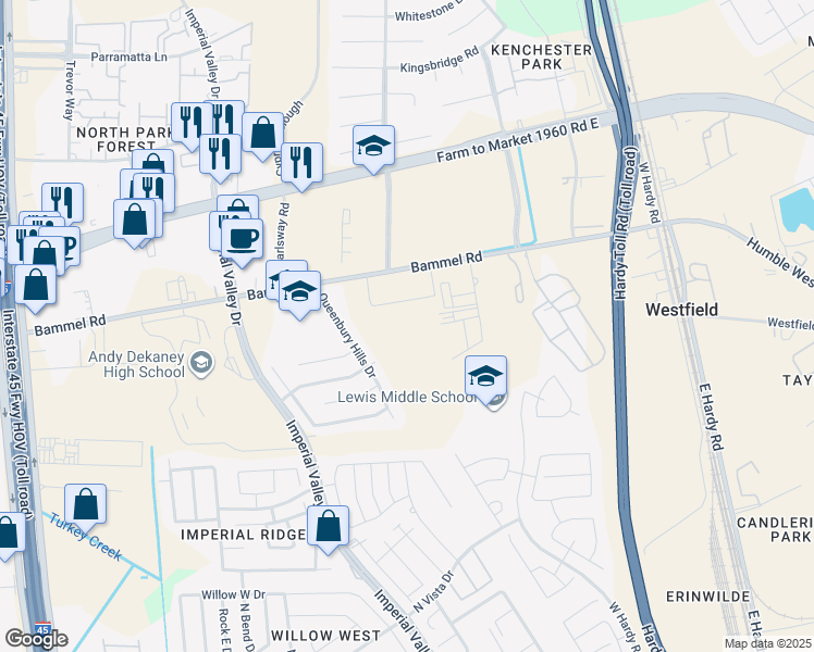 map of restaurants, bars, coffee shops, grocery stores, and more near 1020 Bammel Road in Houston