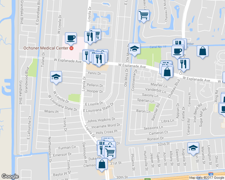 map of restaurants, bars, coffee shops, grocery stores, and more near 521 East Loyola Drive in Kenner