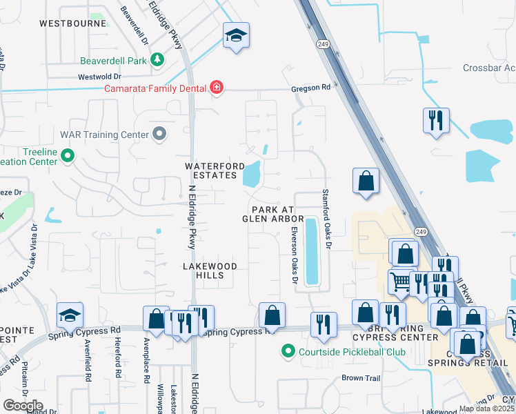 map of restaurants, bars, coffee shops, grocery stores, and more near 11731 Spring Path Ct in Tomball